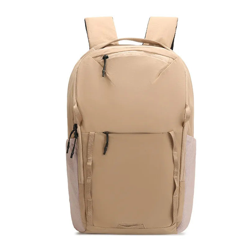 Waterproof Taslan composite cloth backpack in beige with a curved shoulder strap.