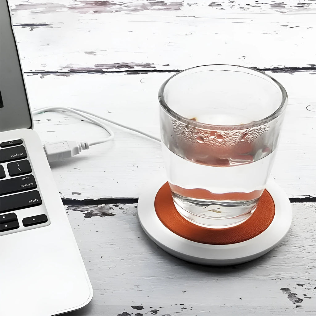 USB-powered insulated heating coaster in PU artificial leather showing black, blue, and orange colour options