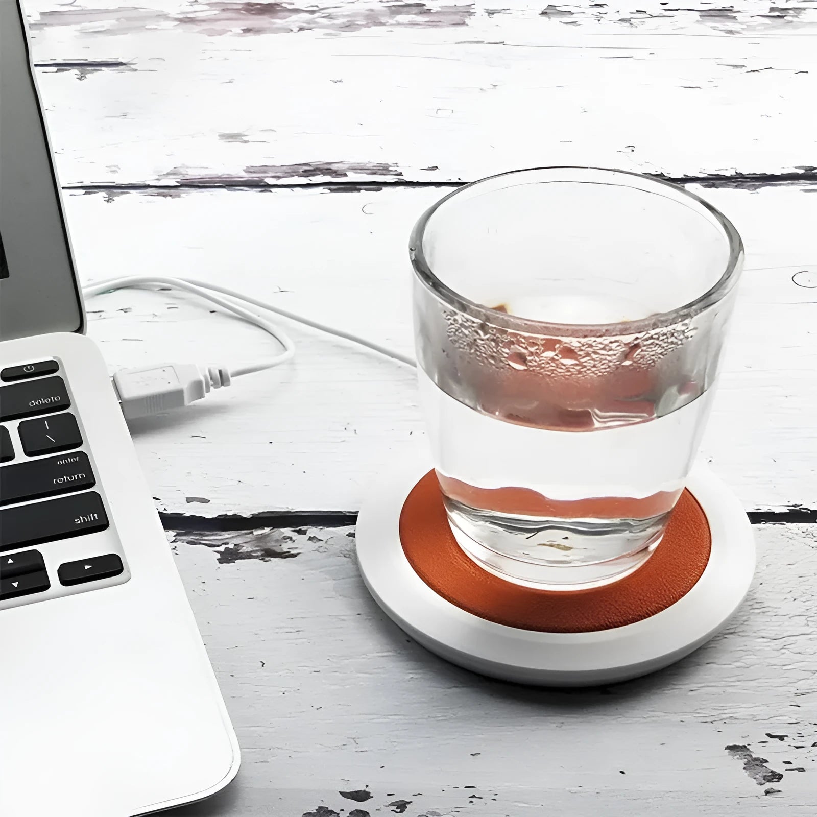 USB-powered insulated heating coaster in PU artificial leather showing black, blue, and orange colour options