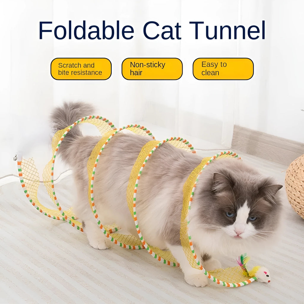 Blue or yellow collapsible cat tunnel with 95cm extendable teasing stick featuring feather attachment