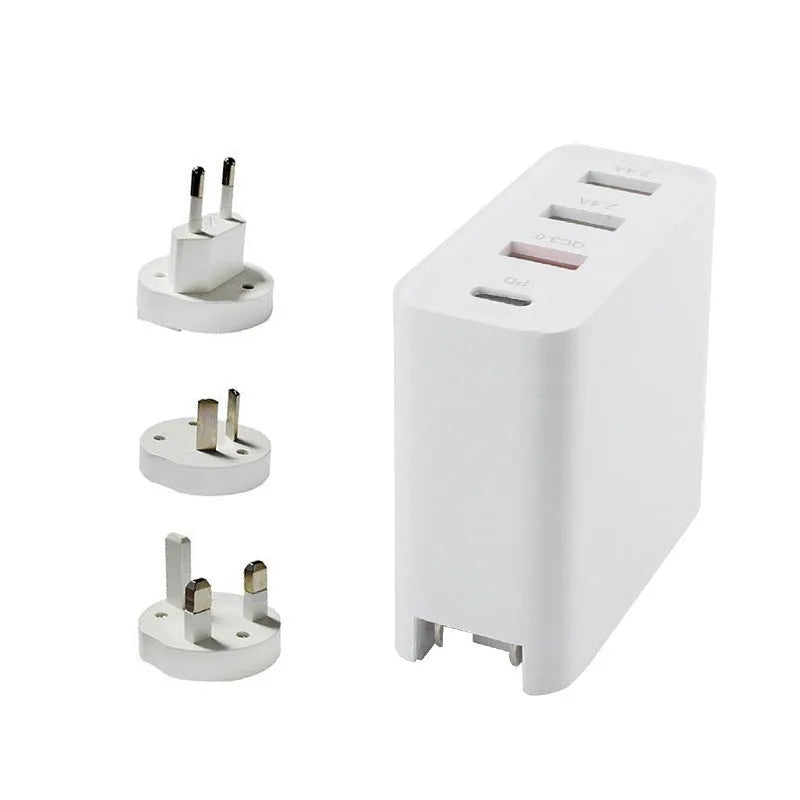 Black 48W PD four-port Type-C mobile phone charger with UK plug showing four charging ports and indication lights