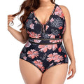 Women's plus-size black bikini with printing, mesh fabric stitching, sizes S to 5XL for swimming