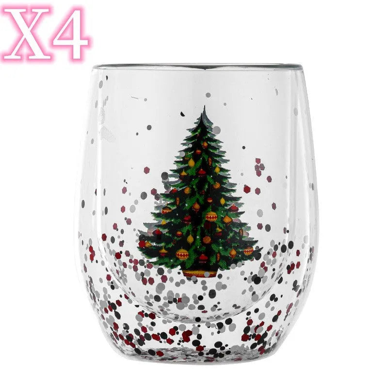 Christmas tree cup with flowing sequins and floral pattern, double-layer high boron silicon, 301-400ml, egg-shaped coffee cup