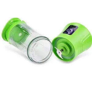 Blue handheld USB rechargeable electric juicer with 400ml cup and blending blade.