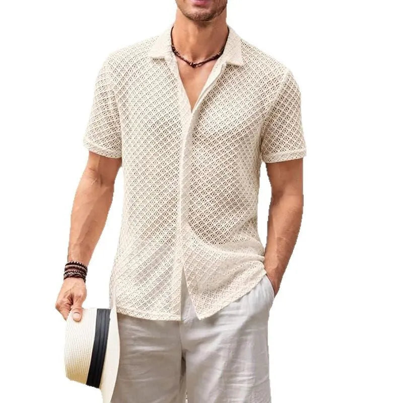 Men's short-sleeve mesh shirt with lapel in cotton-blend fabric, available in multiple colours and sizes