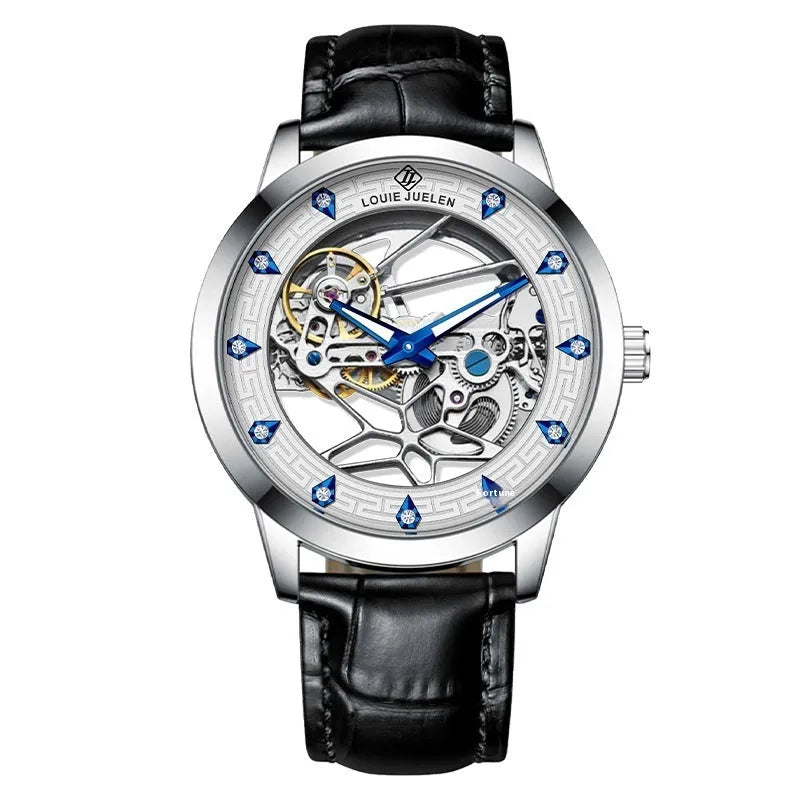 Men's silver mechanical watch with luminous hands on genuine leather strap showing 14.3mm case thickness