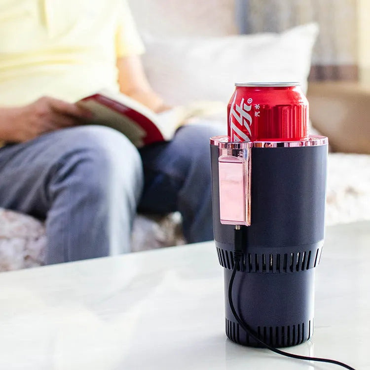 Black car cup holder drink warmer and cooler with digital temperature display showing heating function
