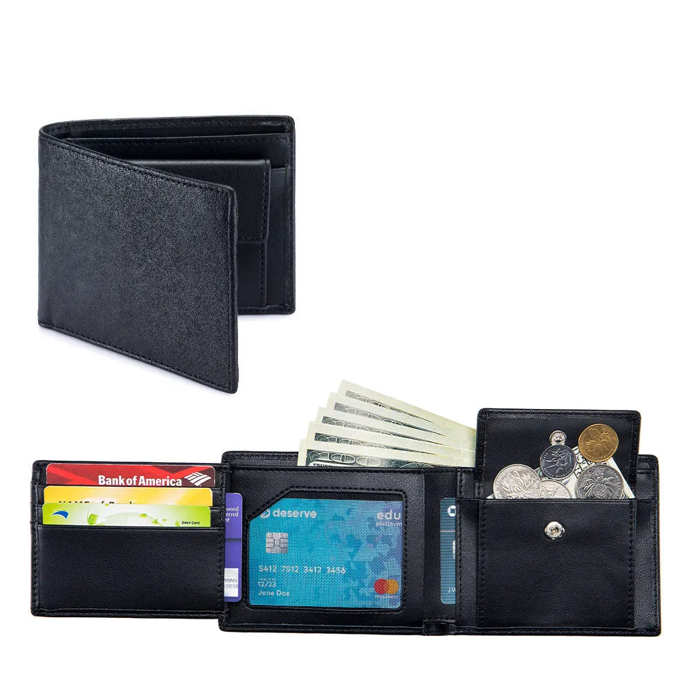Men's soft cowhide trifold wallet in genuine first layer leather, multi-functional daily design