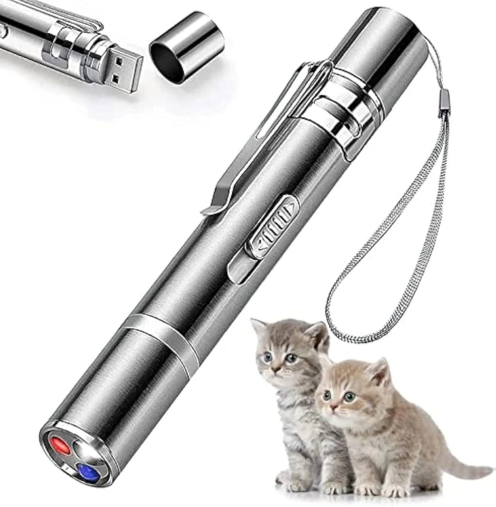 Silver aluminium alloy cat toy pointer with light patterns for indoor play, 19cm long