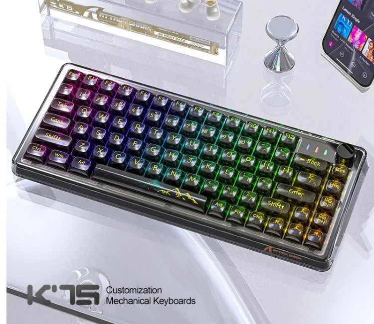 Attack Shark K75RGB wireless mechanical keyboard with transparent RGB lighting in black or white