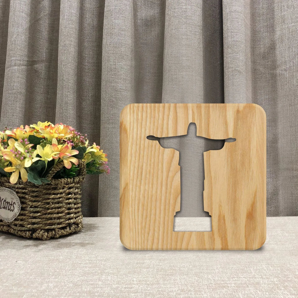 Solid wood hollow LED night lamp with warm white light, showing wooden lampshade and compact 190x190x30mm dimensions.