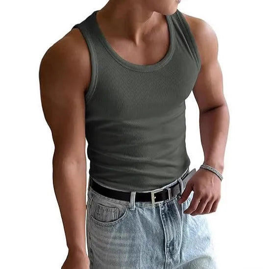 Men's tight fit round neck workout T-shirt in polyester, shown in various colours including black and blue.