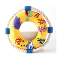 Squeaky dog training ring toy in blue, red or yellow with soft plush construction for fetch and chew games
