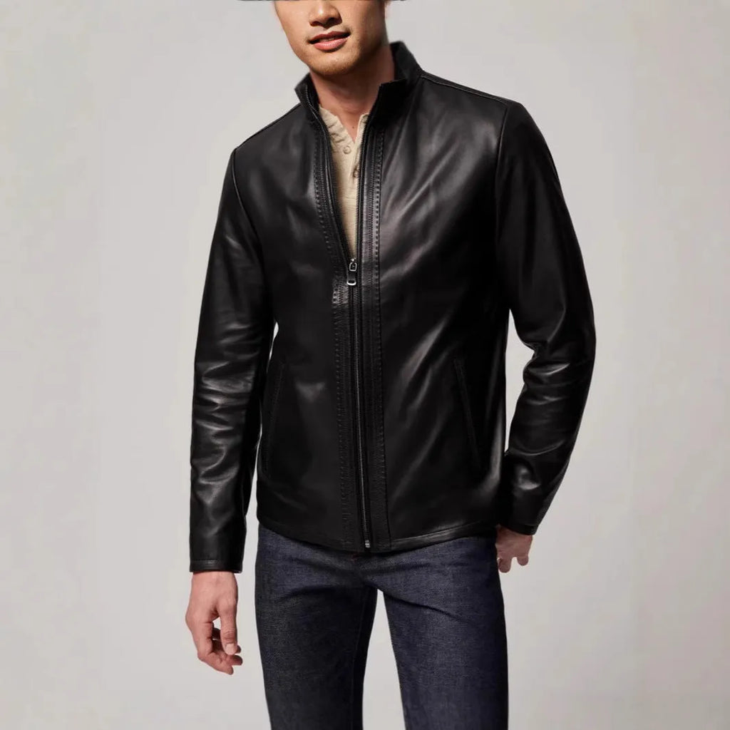 Men's black retro-style leather-look jacket with long sleeves and a straight hem