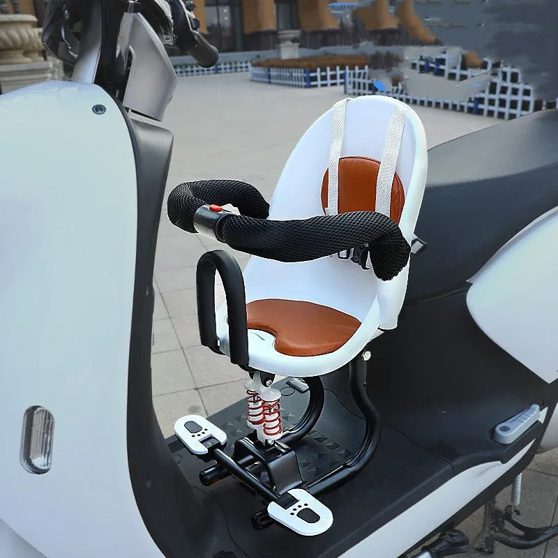 High carbon steel child seat measuring 20x20x53cm attached to scooter handlebars