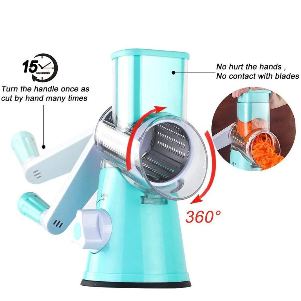 Manual round mandoline slicer vegetable cutter with stainless steel blades in blue colour