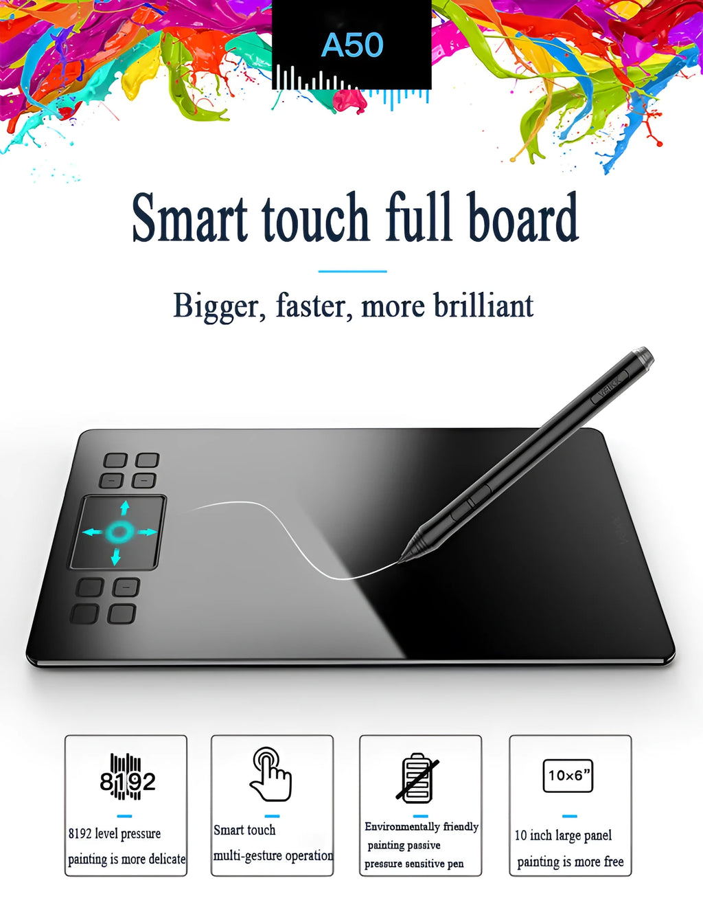 10 x 6 inch digital drawing tablet with passive pen, pen stand, and USB cable for Windows and Mac