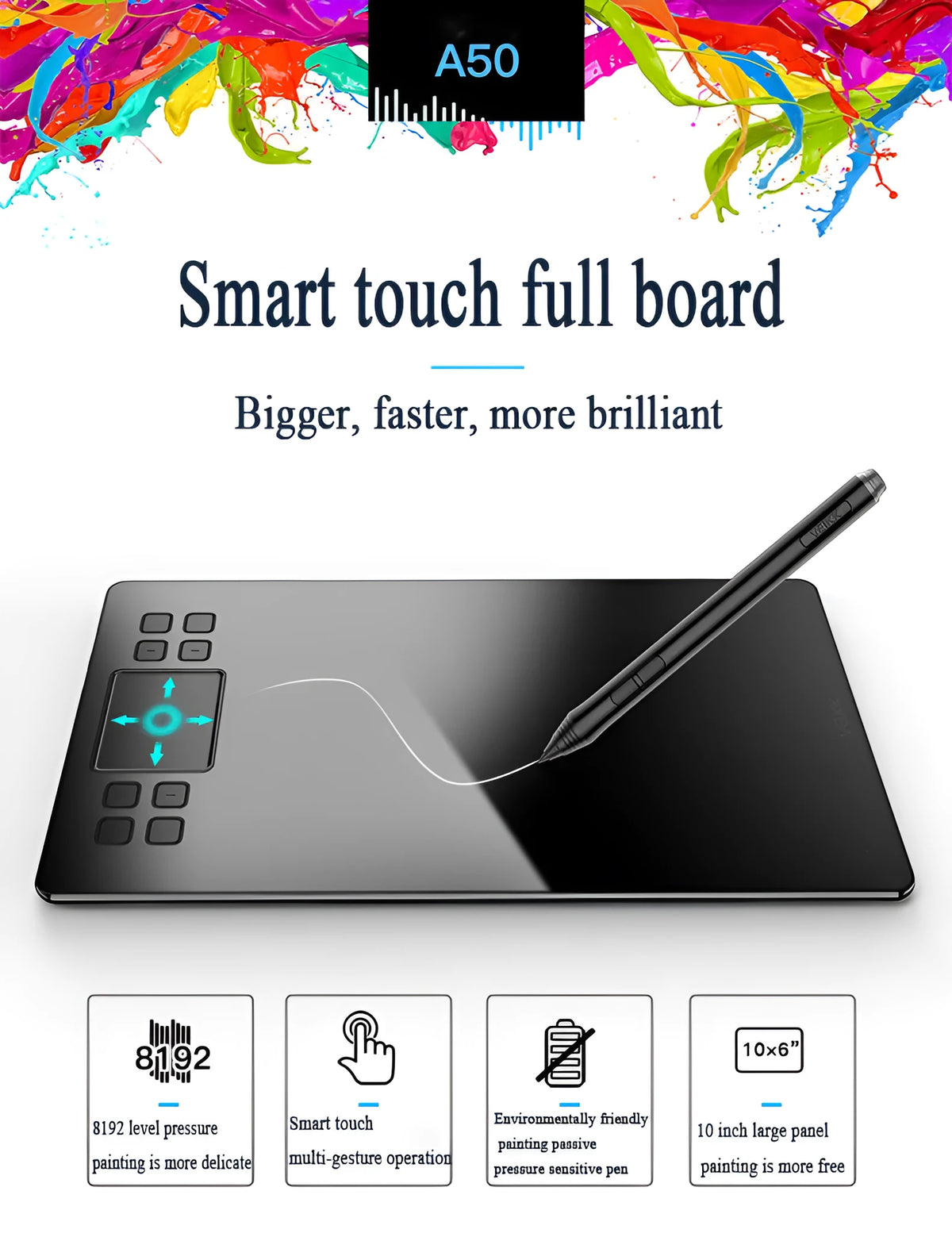 10 x 6 inch digital drawing tablet with passive pen, pen stand, and USB cable for Windows and Mac