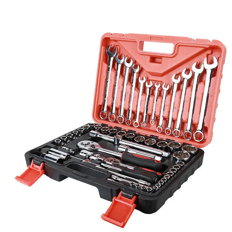 61-piece auto repair socket set with chrome vanadium steel tools including sockets, wrenches, and extension rods