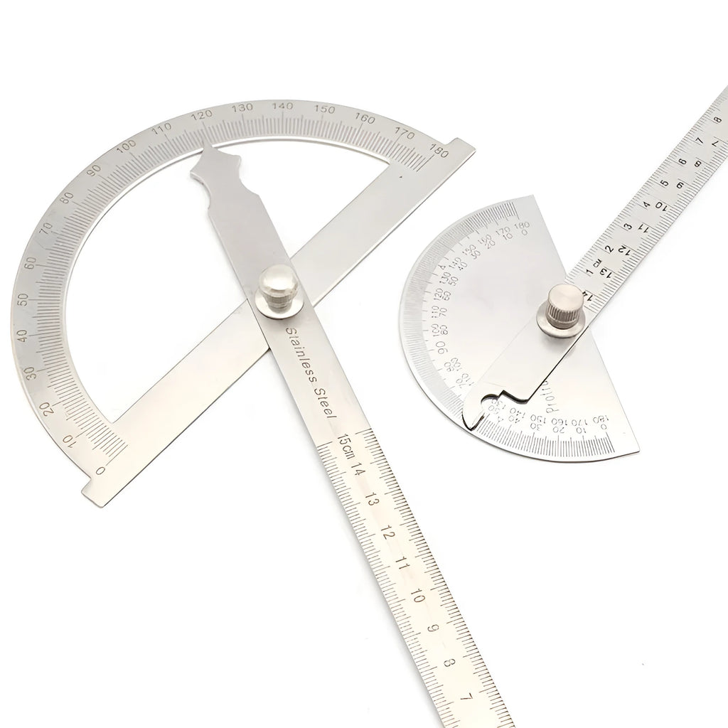 Adjustable protractor showing 180 degree measurement scale in 14.5cm or 15cm size options