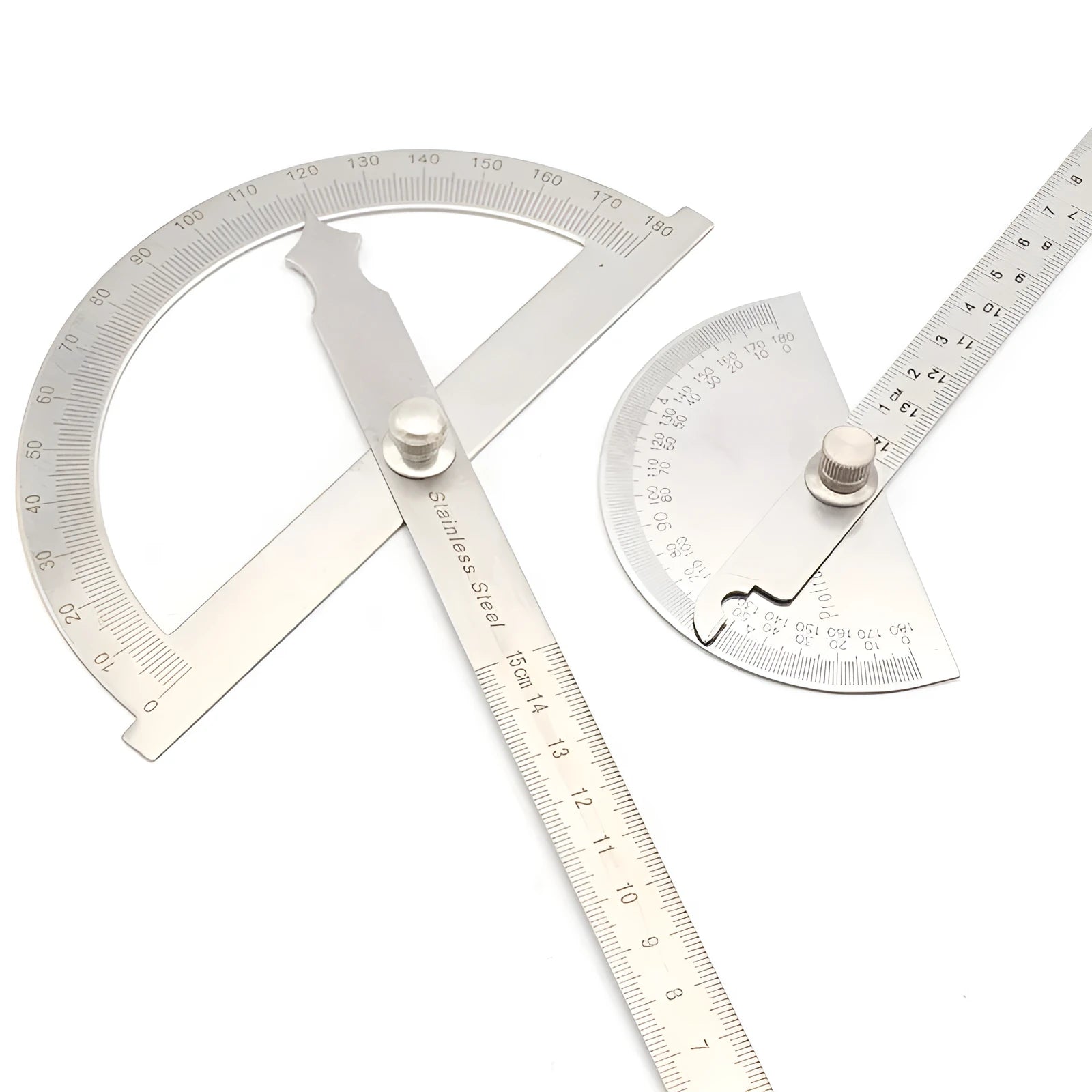 Adjustable protractor showing 180 degree measurement scale in 14.5cm or 15cm size options