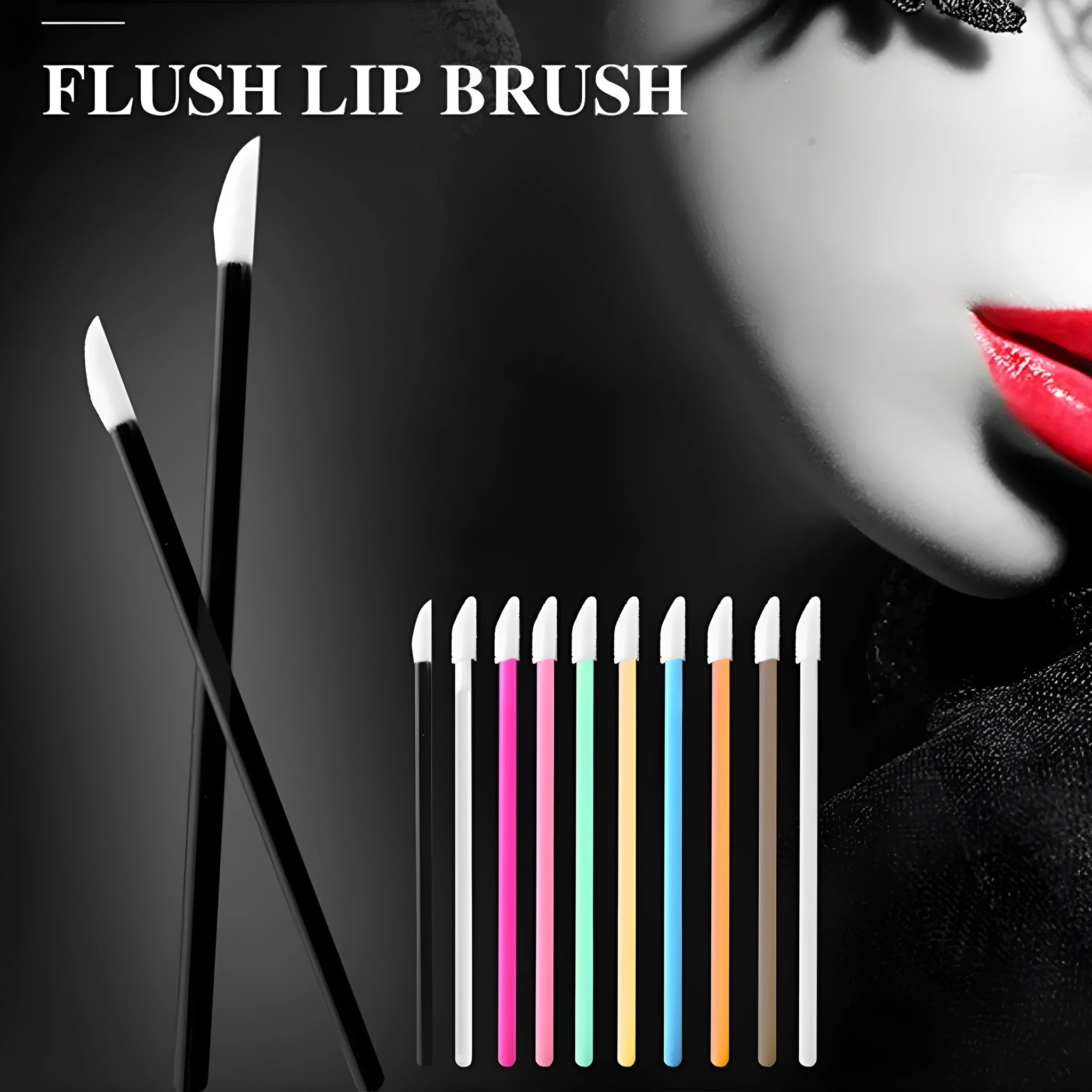 Pack of multi-coloured disposable lip brush applicators with flocked tips on a white background
