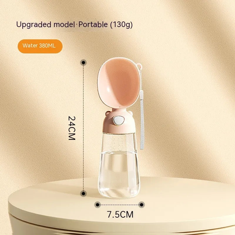 Portable dog water bottle with integrated bowl in brown, pink, and yellow colour options