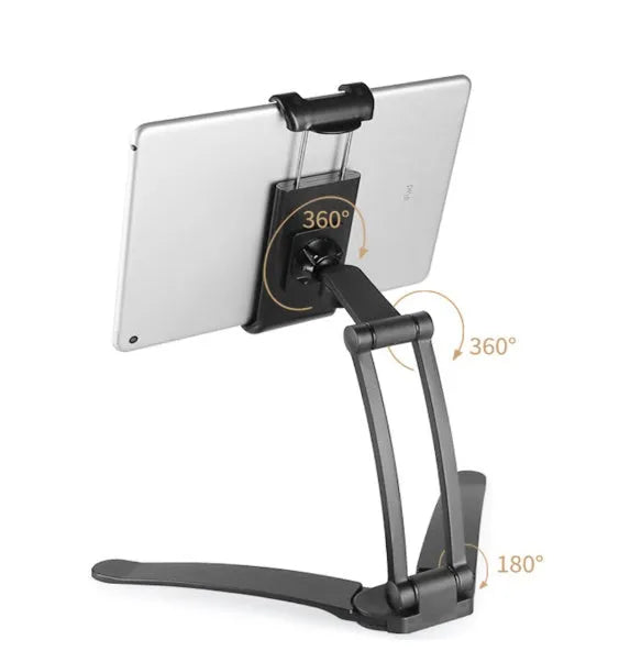 Aluminium alloy desktop tablet stand with adjustable clips and 360-degree rotation for tablets up to 10.5 inches