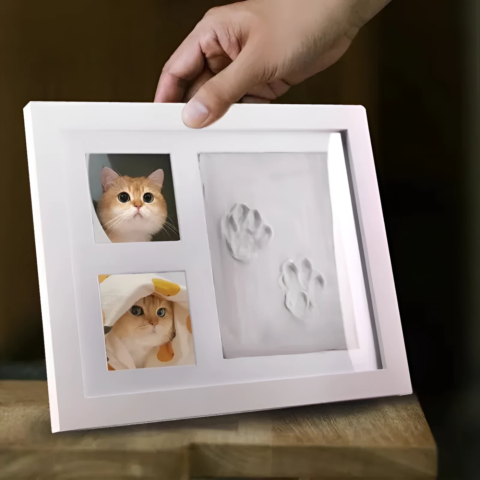 Pet paw print photo frame with 4-inch square opening for dog or cat footprint memorial display