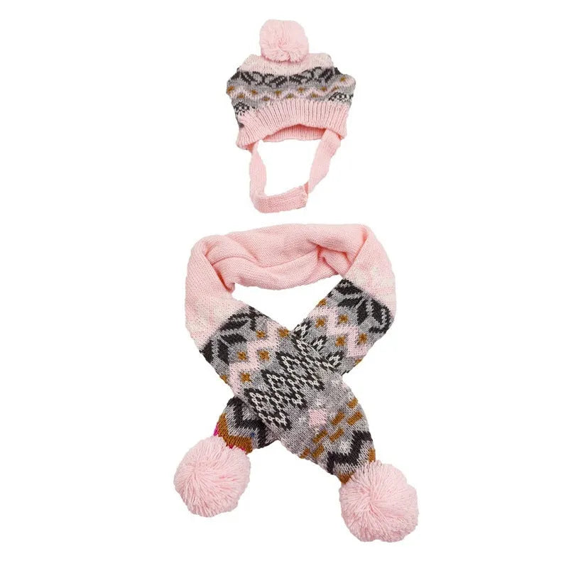 Japanese-style grey acrylic pet sweater set with matching hat and scarf on a dog model.