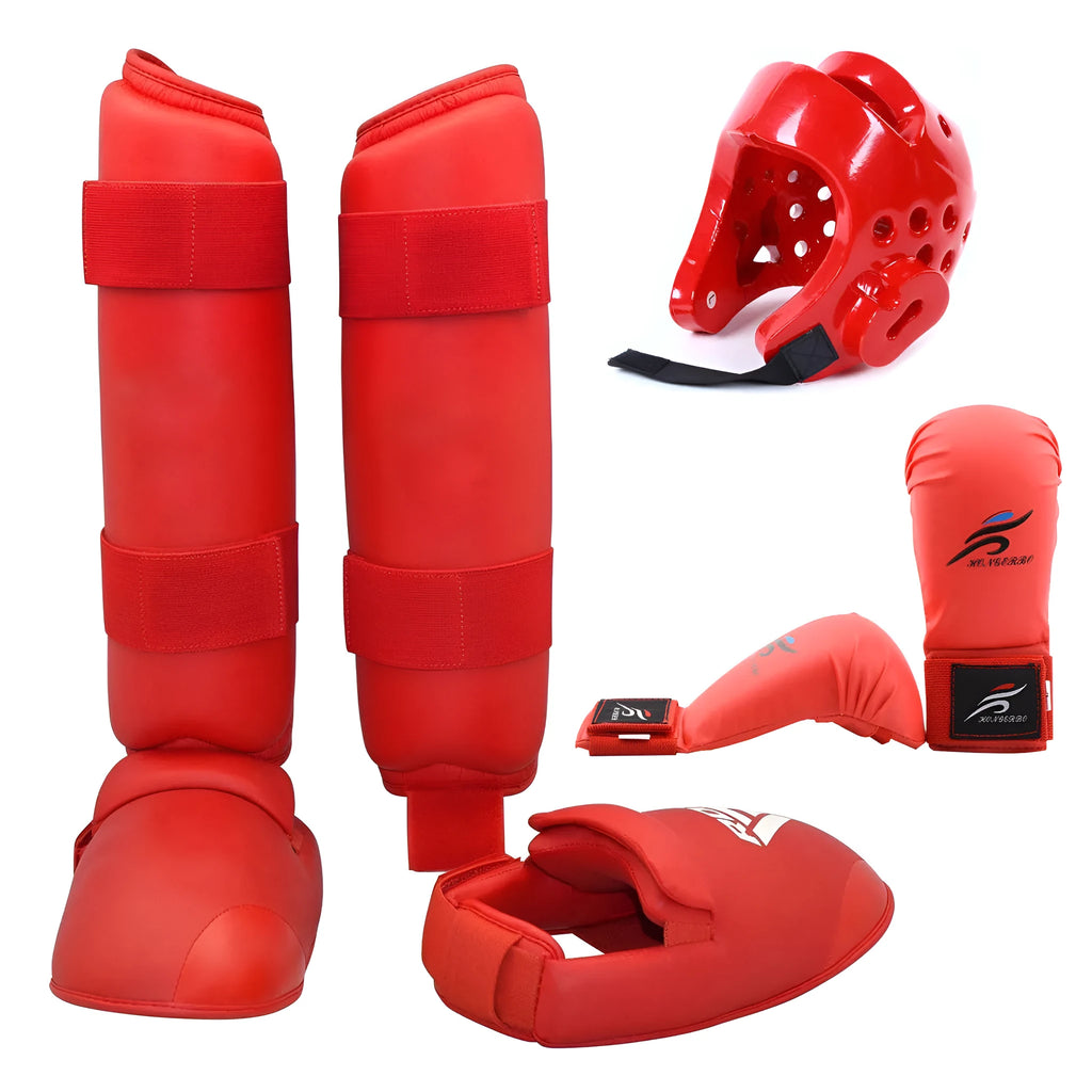 Red and blue martial arts protective gear set showing leg guards, boxing gloves, and a helmet for taekwondo and karate.