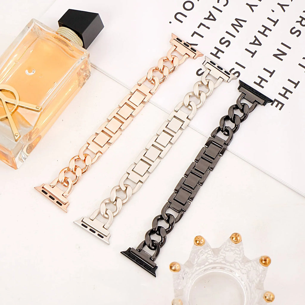 Denim chain metal Apple Watch strap in silver, black, gold, rose gold, or Starlight colour for 38-49mm cases