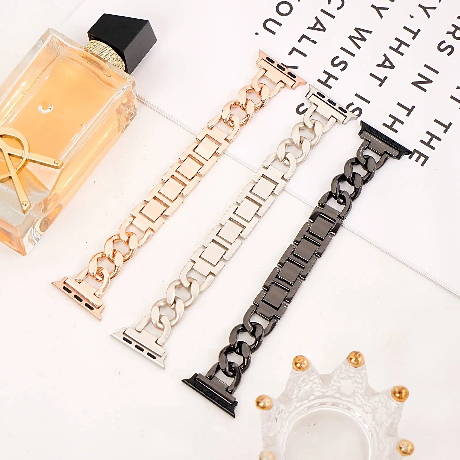 Denim chain metal Apple Watch strap in silver, black, gold, rose gold, or Starlight colour for 38-49mm cases