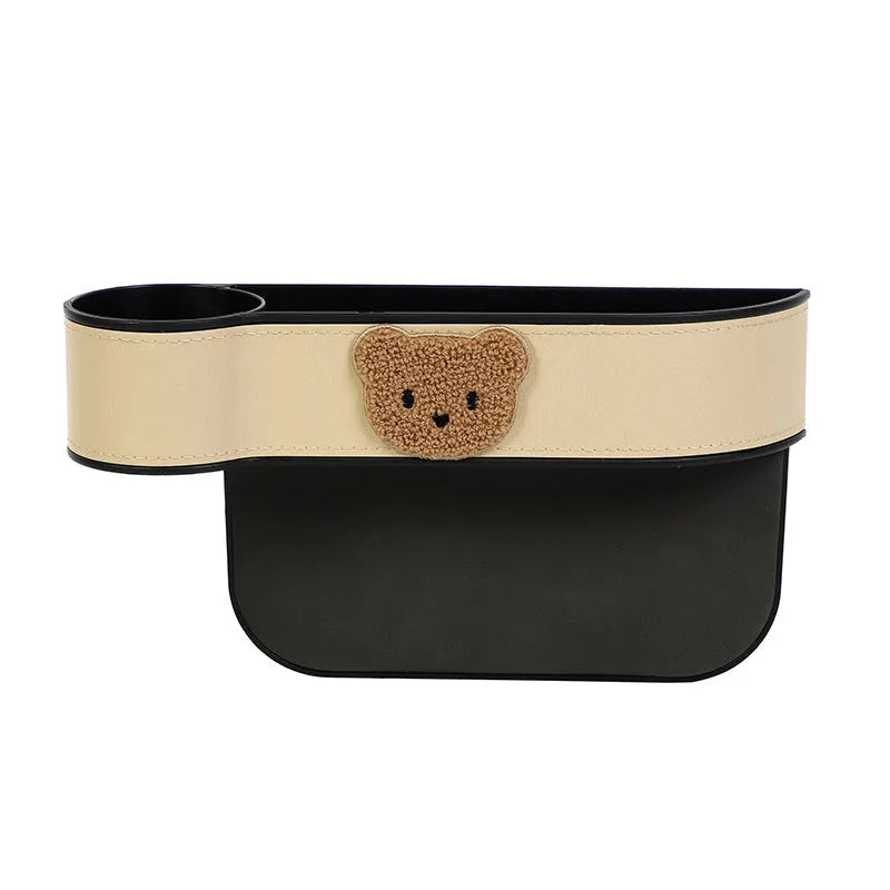 Leather car seat gap storage box with cartoon bear design for organising small items in vehicle