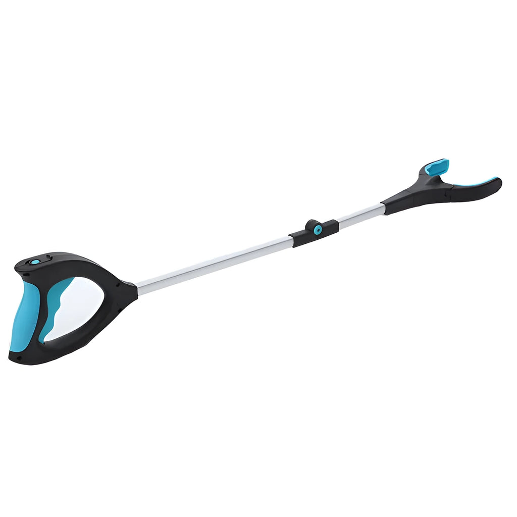 Blue foldable pickup tool with TPR grip and aluminium frame, shown extended to 83.5cm.
