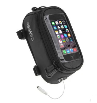 ROSWHEEL bicycle frame bag with iPhone holder in black, mounted on bike frame, showing water-resistant PVC material and secure attachment