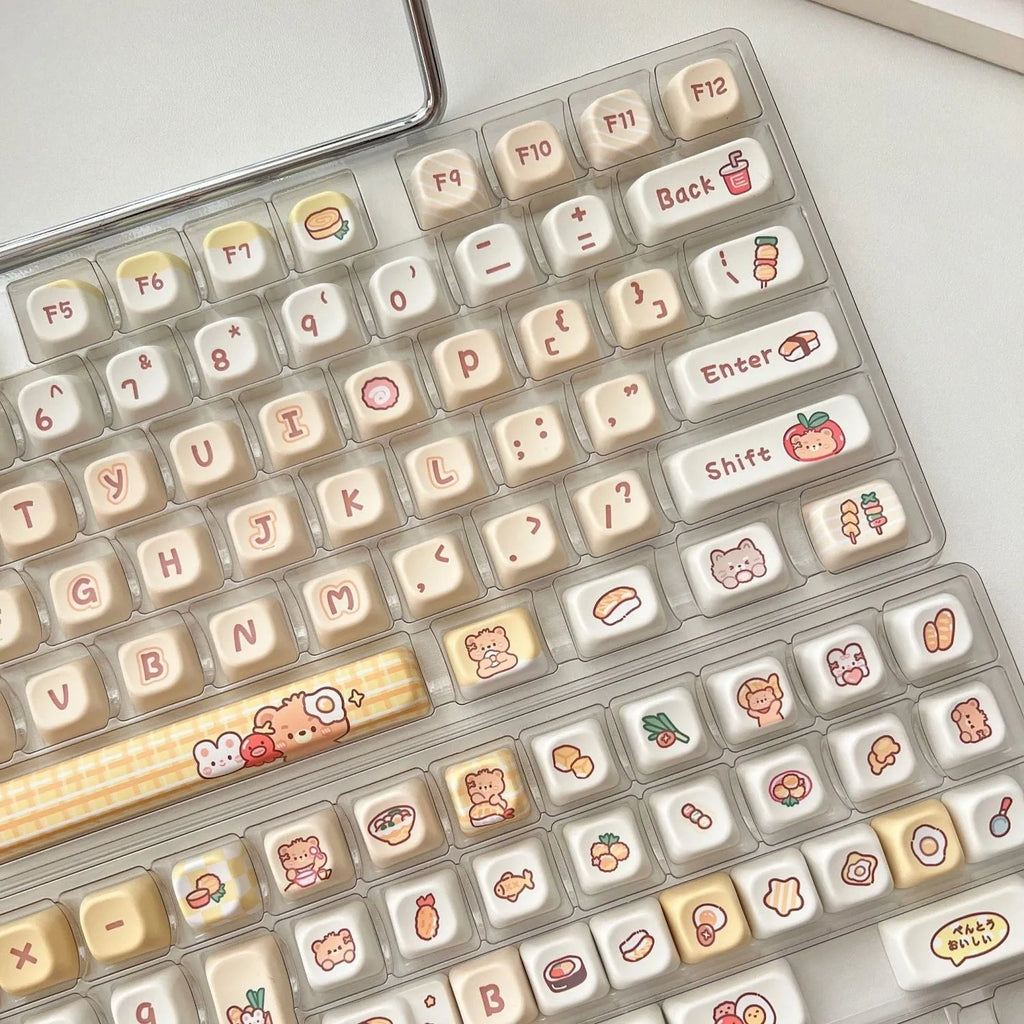 Rabbit Bear Restaurant themed keycaps with EOA height profile, made from PBT plastic using heat sublimation printing