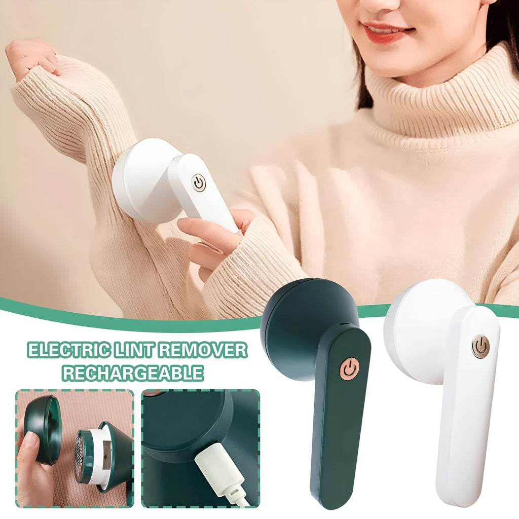White USB rechargeable electric lint remover shaver with removable lint collector container on a sweater.