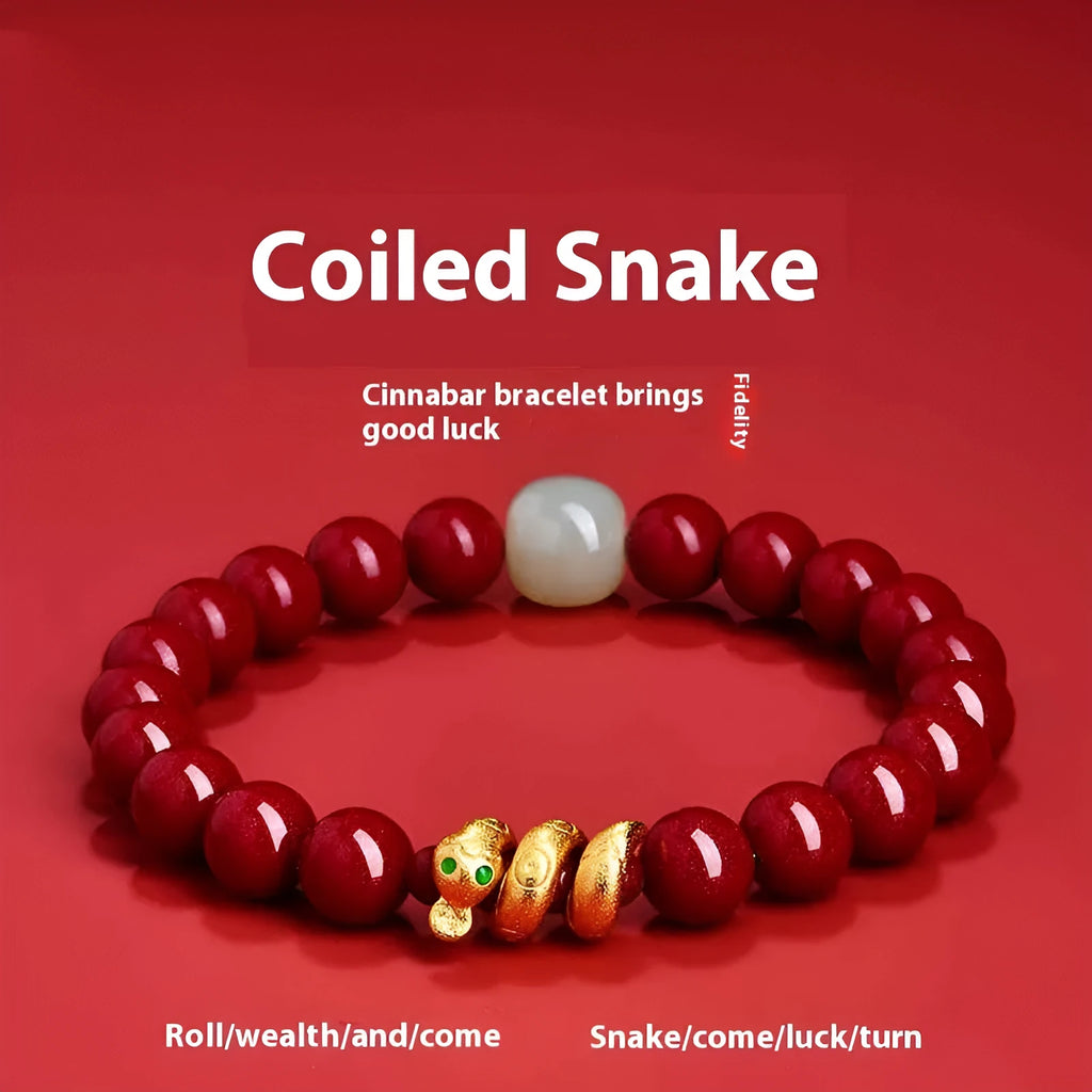 Handmade cinnabar snake year bracelet with 6mm or 8mm beads, Chinese zodiac design