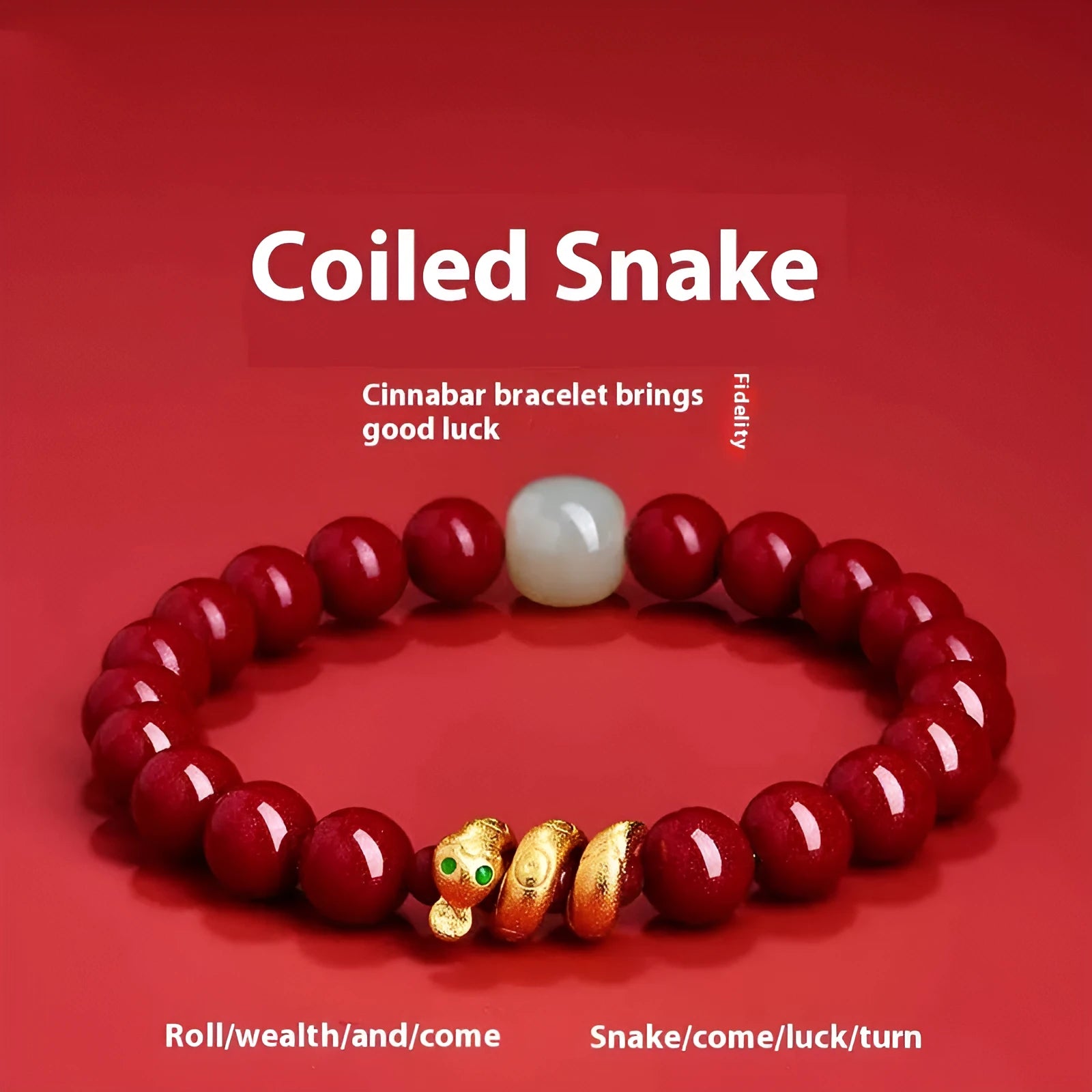 Handmade cinnabar snake year bracelet with 6mm or 8mm beads, Chinese zodiac design