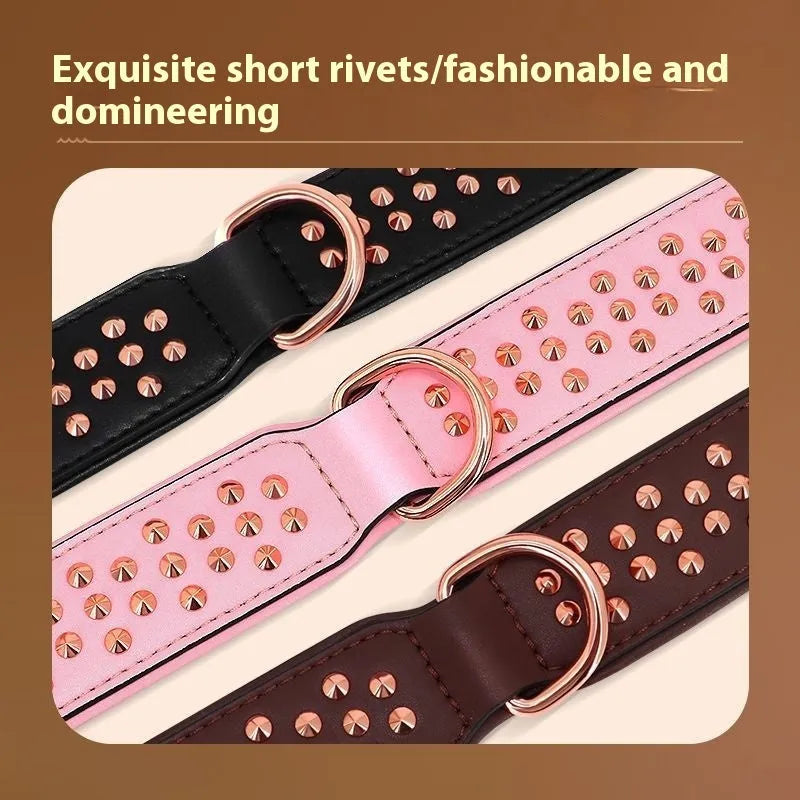 Leather dog collar with anti-bite rivets in black, chocolate, or pink colour, sizes L and XL