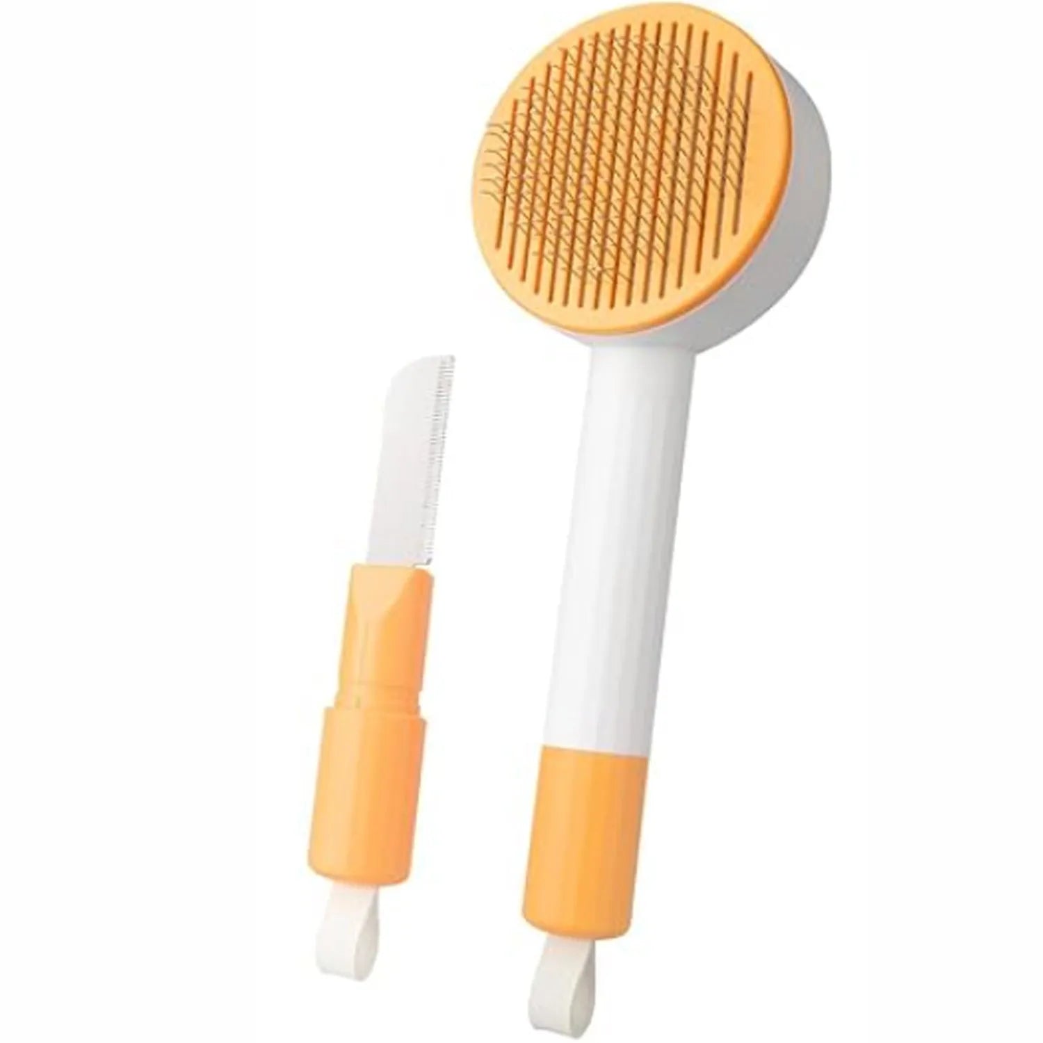 Green and yellow 2-in-1 pet grooming brush with stainless steel brush and hanging design