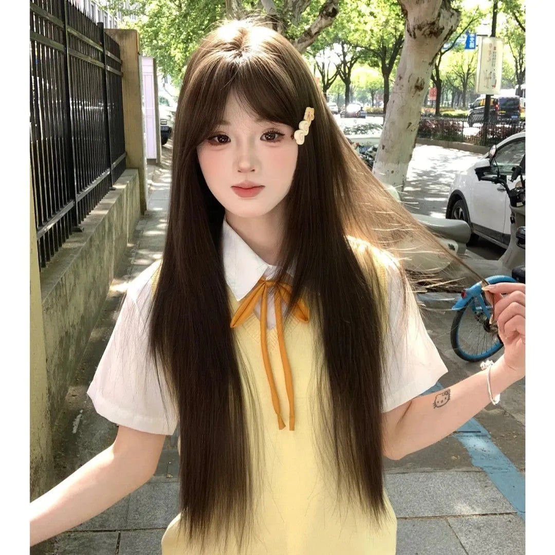 Long straight full-head wig in cold brown colour with high temperature fibre construction