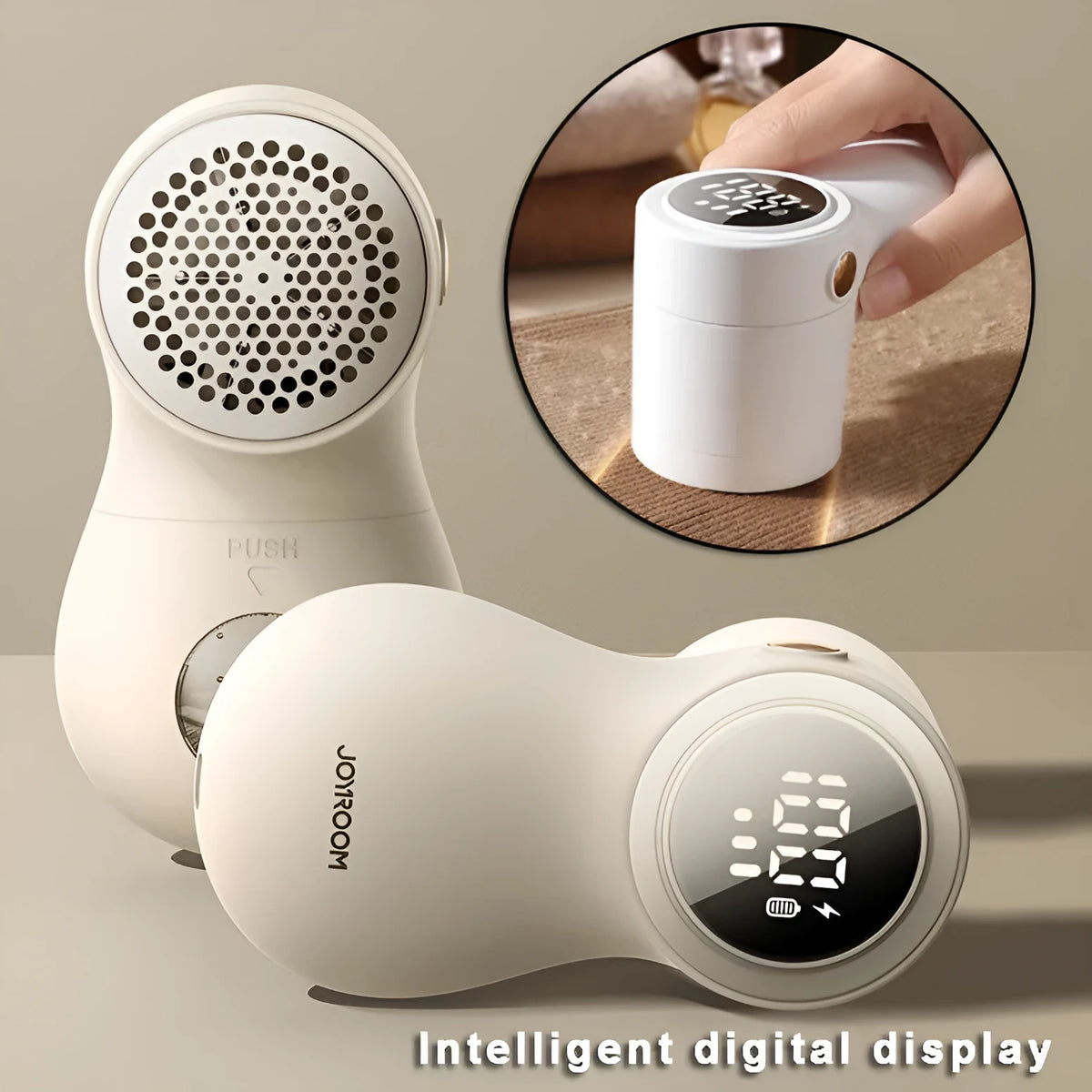 White electric fabric lint remover with LED display and USB charging port