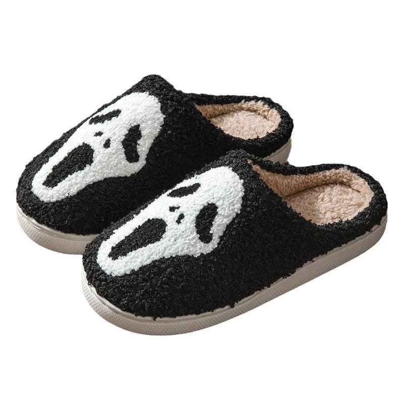 Halloween couple indoor slippers with ghost face embroidery in suede and PVC sole
