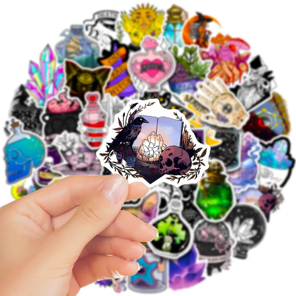 Set of 50 colourful waterproof PVC graffiti stickers for luggage and smooth surfaces, sizes 3-8cm.