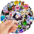 Set of 50 colourful waterproof PVC graffiti stickers for luggage and smooth surfaces, sizes 3-8cm.