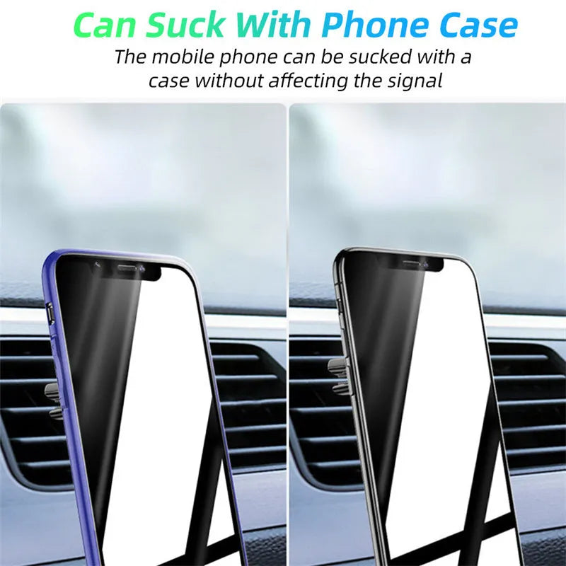 Magnetic car phone holder mounted on air vent with phone attached, showing 360-degree rotation and fragrance slices