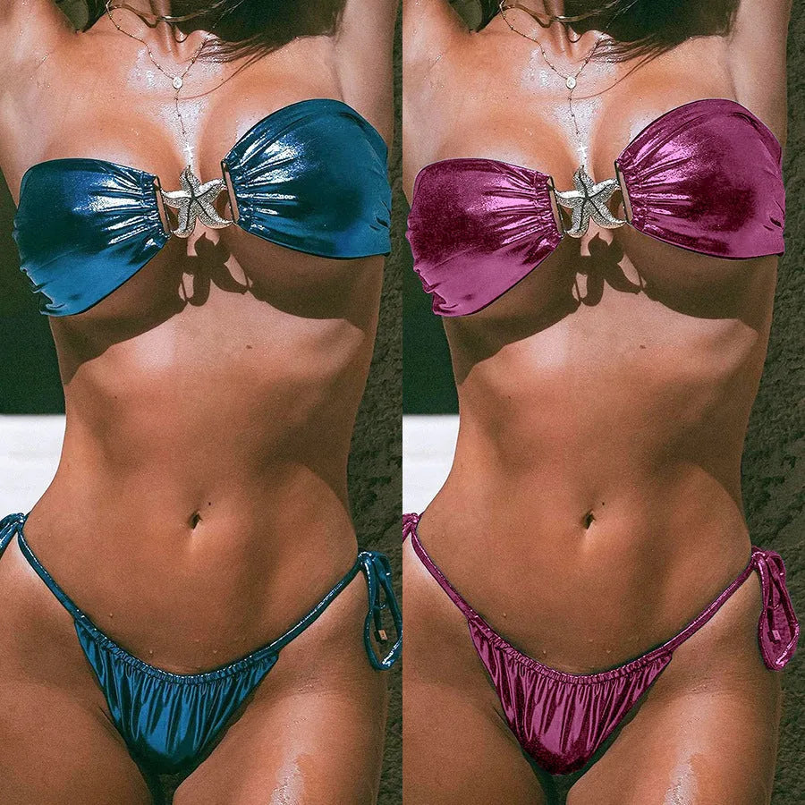 Women's glossy polyester bikini with gold starfish accents in sapphire blue or pink colours