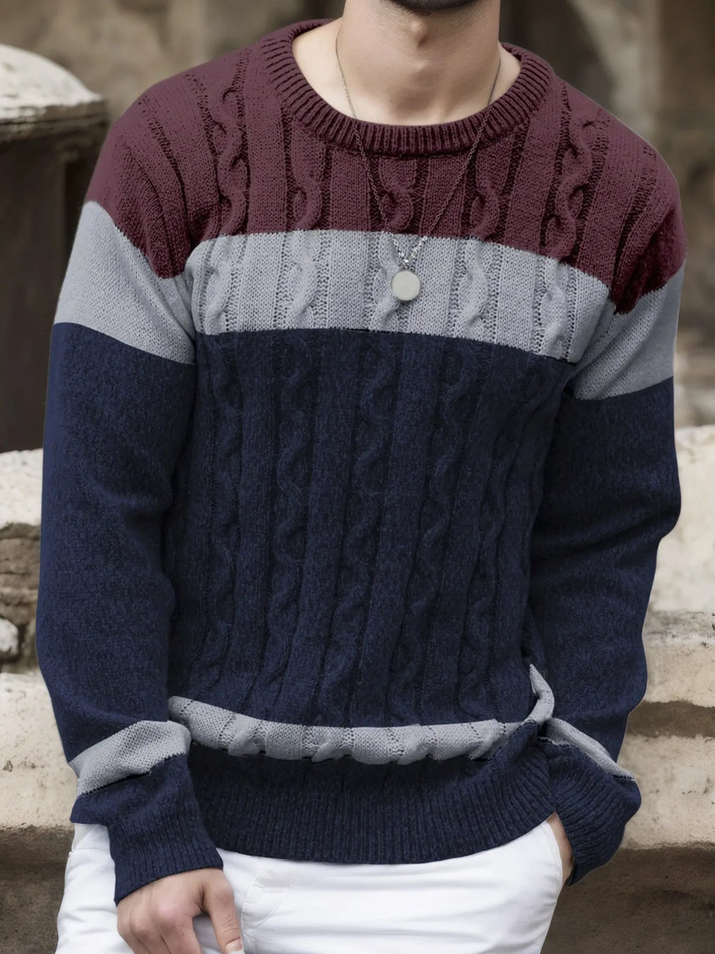 Men's colour-block crew neck pullover sweater in blue red, grey white, or blue white multicolour, loose fit, sizes S-XXL